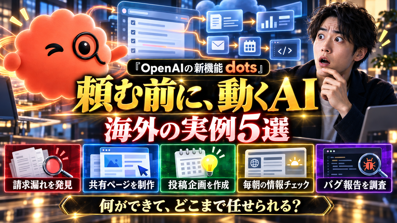 画像生成したdots風キャラクターと架空の人物を使った、OpenAI dotsの海外事例5選の文字入りバナー